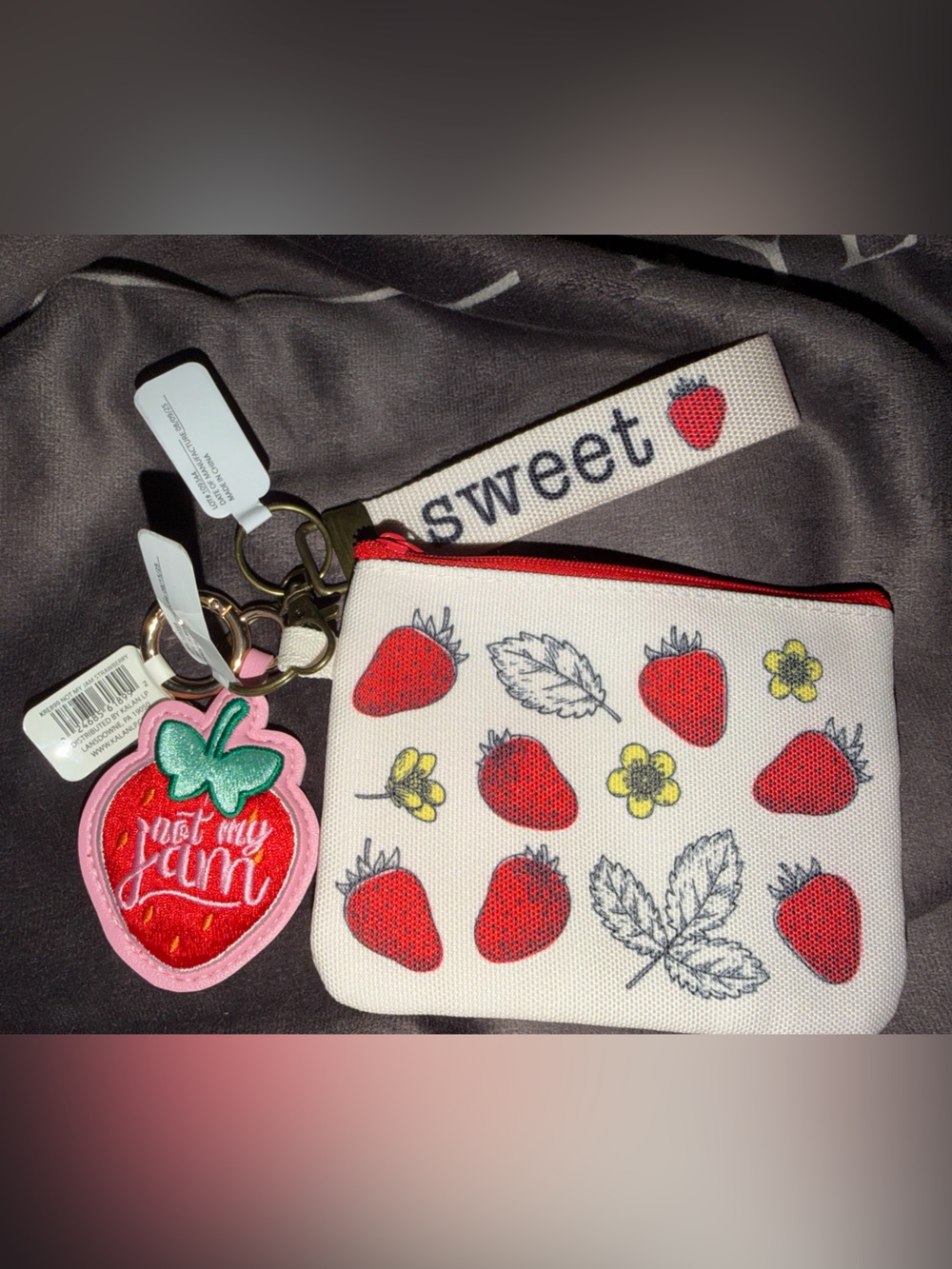 “Not my Jam” Strawberry Print Wristlet Pouch,bag charm and keychain! *nwt